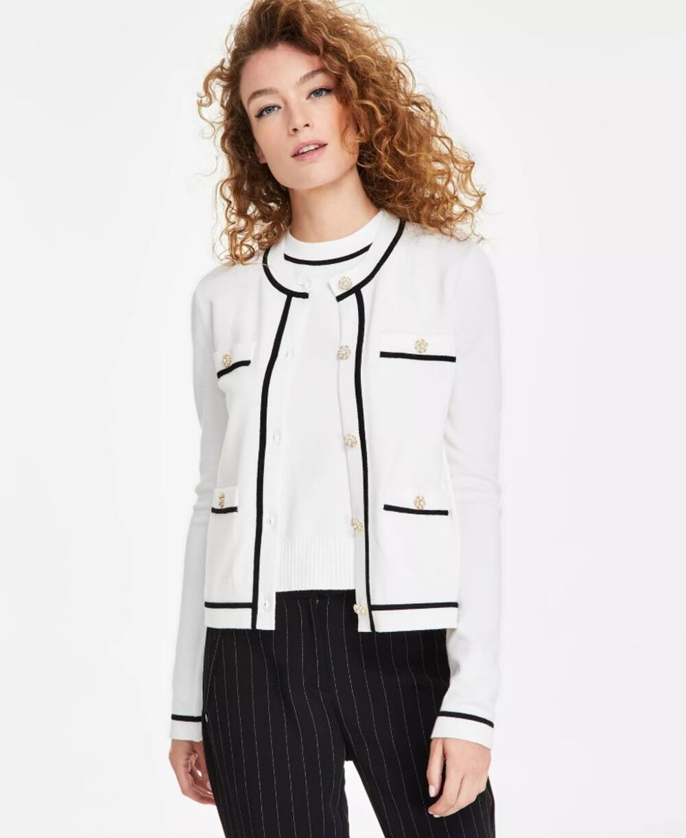Karl Lagerfeld Paris Women White Knit Rayon Classic Crewneck Cardigan Size XL